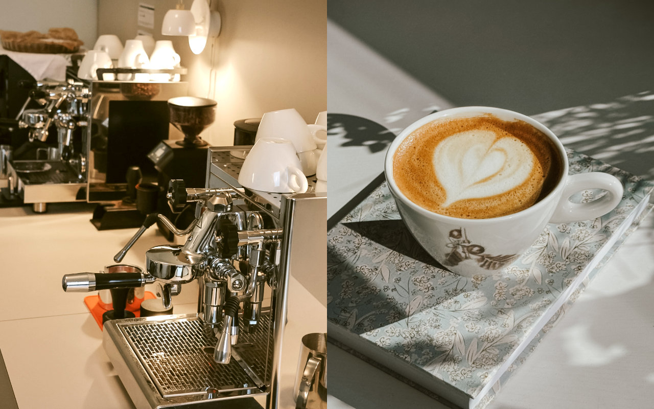 Siebträgermaschinen stehen bereit neben einer Tasse Cappuccino