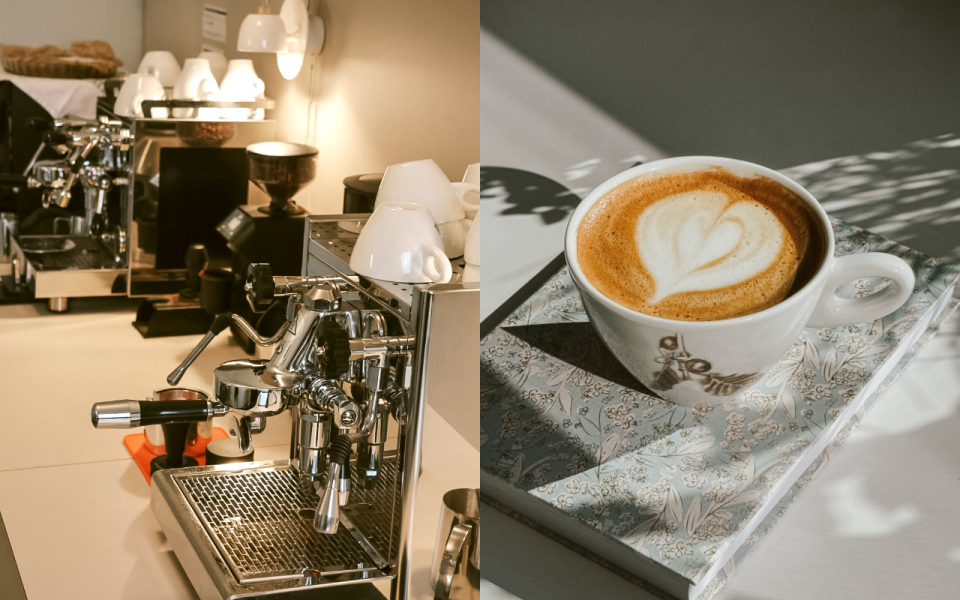 Siebträgermaschinen stehen bereit neben einer Tasse Cappuccino